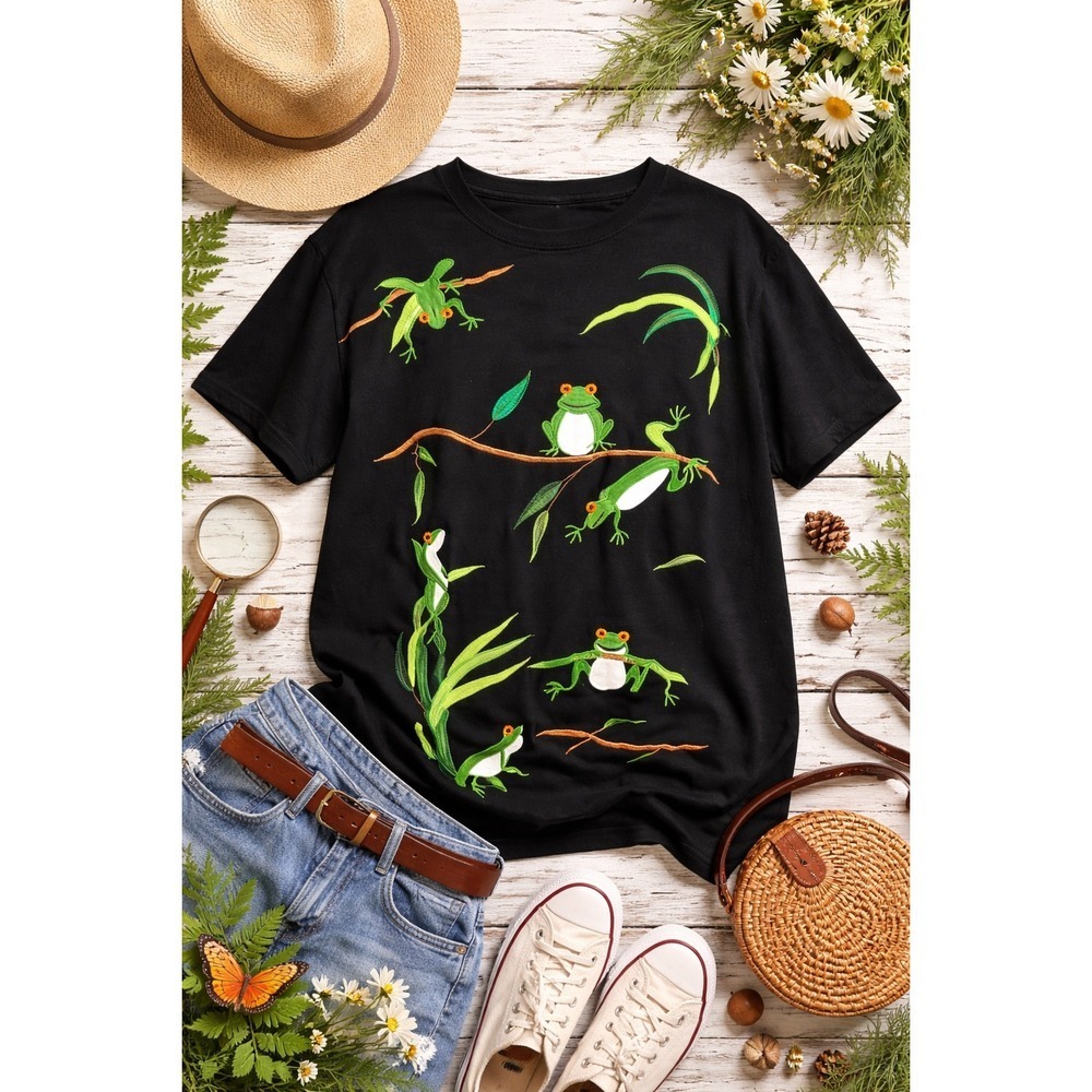 Bechamel Women's Embroidered Tree Frog VTG Shirt Black Cotton Short Sleeve Large